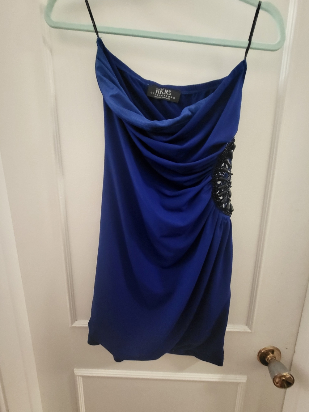 HKR Collection Strapless Cobalt Blue Draped Evening Dress